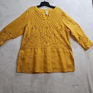 Chico's Blouse Sz2 Deep Yellow Lace Overlay Y2k Fairy Boho Hippie cottage Core - Picture 1 of 14