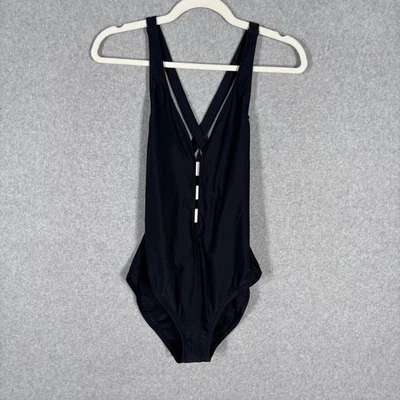 LA BLANCA One Piece Swimsuit Size 10 Black Criss Cross Back Cut Out Sexy Minimal - Image 1 of 4
