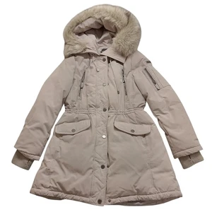 BCBG Maxazria Puffer Jacket Damen M Kunstfell Kordelzug Taille Stone - Bild 1 von 9