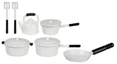 Bambole Casa Metallo Bianco Tegame Set & Bollitore Miniatura Cucina Accessorio - Immagine 1 di 4