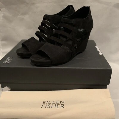 Eileen Fisher Draw Suede Wedge Sandal 7.5 Black SOFT Straps NIB $290 - Image 1 of 4