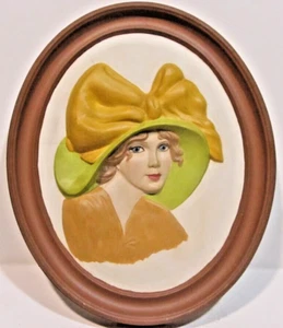 Vintage Duncan Oval Cameo Chalkware Portrait of Lady with Big Hat Hand Painted - Picture 1 of 6