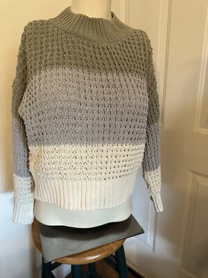 Hazel Moon Sweater Green Ivory Striped, Chenille, Cropped Long Sleeves Sz XS EUC - Image 1 of 4