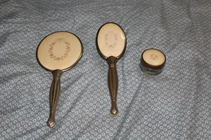 VTG Dresser Vanity Set Silver Plated Metal - Brush, Mirror & Powder Jar - Picture 1 of 4