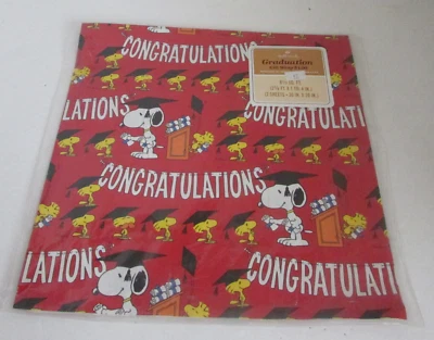 VINTAGE Hallmark Graduation Snoopy Woodstock Gift Wrap 2 Sheets 30" x 20" NOS - Image 1 of 2