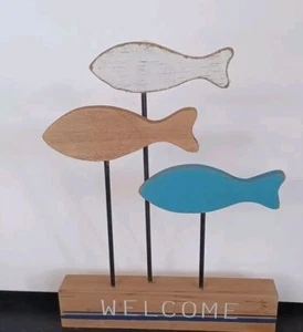 Wooden Beach Decor Sign w/ 3 Fish, “Welcome” Free standing - Home decor Crafts - Picture 1 of 1