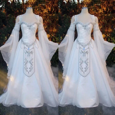 Medieval Victorian Wedding Dresses Long Sleeve Organza Beaded Corset Bridal Gown - Image 1 of 4