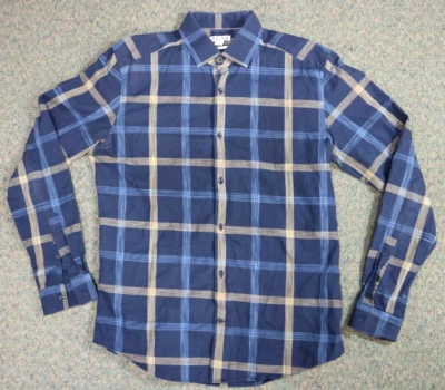 Reiss Men's Size Large Blue Yellow Plaid Print Slim Fit Button Up Casual Shirt - Image 1 of 4