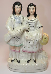 Victorian Staffordshire 11" Flatback  Man Woman Feeding Chicken Cockerel c1860 - Picture 1 of 9