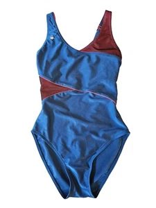 EUC Womens AQUA SPHERE Blue Orangish Red Detail One Piece Swimsuit Size 34 - Picture 1 of 7