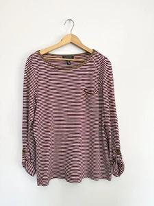Lauren Ralph Lauren Womens XL Blouse Shirt Faux Leather Trim Tab Sleeves Striped - Picture 1 of 10