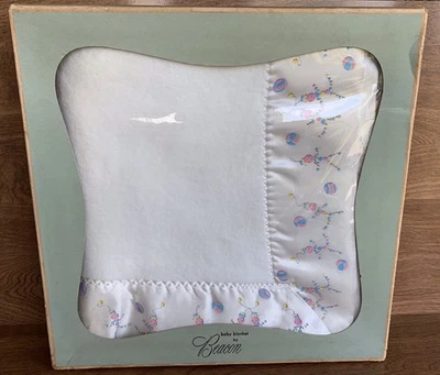 Vintage Baby Blanket 1950s BEACON 36 x 50 White w/ Satin Trim Pink Blue Balls - Image 1 of 4