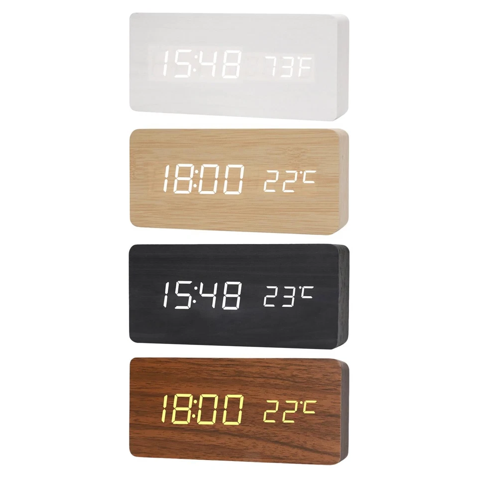 Digital Alarm Clock LED Wood Temperature Date Display Battery Powered/USB for - Image 1 of 1