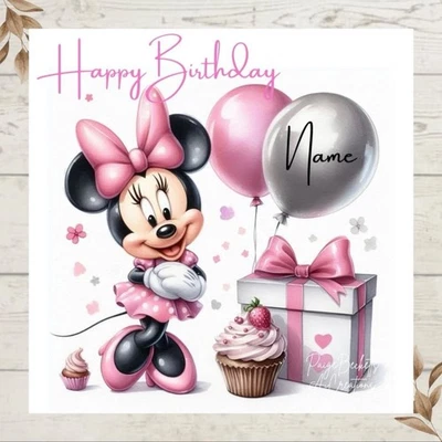 Personalised Pretty Minnie Mouse Birthday Greetings Card any name/ age - Image 1 of 2
