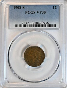 1908-S INDIAN HEAD Cent PCGS Graded VF30 BN Coin 2232 36 - Picture 1 of 2