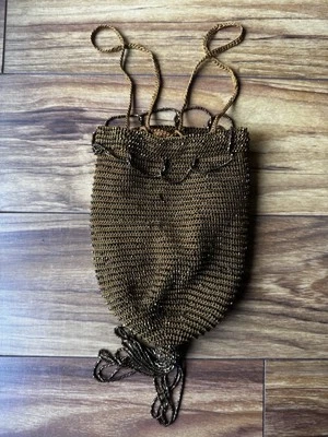Antique Art Deco Crochet Amber Brown Bead Tassel  Flapper Purse - Image 1 of 3