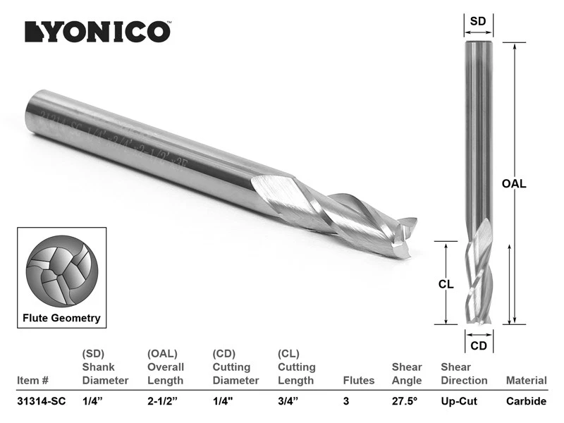 Диаметр 1/4 дюйма Фреза с ЧПУ Upcut Spiral End Mill - хвостовик 1/4 дюйма - Yonico 31314-SC - Изображение 1 из 1
