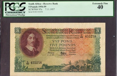 South Africa 5 Pounds 7/11/1957 Pick-97c Extremely Fine PCGS 40 - Image 1 of 2