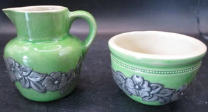 RARE MARJORIE STOKES &  BUCHAN  ART POTTERY CERAMIC & PEWTER CREAMER & SUGAR SET - Bild 1 von 14