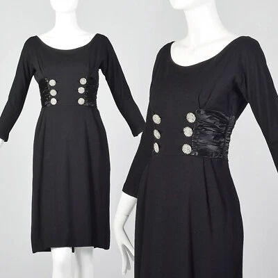 XS 20 世纪 50 年代羊毛针织连衣裙手链袖缎腰围复古 50 年代 — 第 1/4 张图片