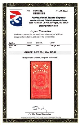 US Scott #PR3 25c Newspaper Stamp. MNGAI. PSE Cert. & Graded F-VF 75J. CV $400 - Image 1 of 3