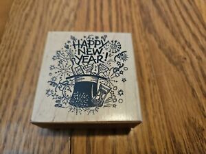 Happy New Year Rubber Stamp Wood Mount 2.5" x 2.5" PSX Champagne Top Hat F-506
