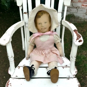 Vintage Doll Fabric Printed Face 13” Tall Dress Shoes Bonnet Teeth Caucasian - Picture 1 of 23