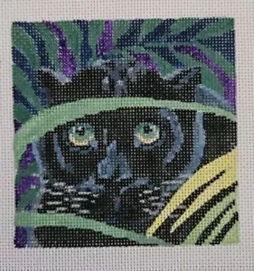 4" BLACK PANTHER IN JUNGLE 18 Count Mono Handpainted Needlepoint Canvas - Picture 1 of 3