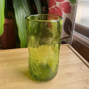 Vintage Blenko CRACKLE Glass TUMBLER #418L Pinched Dimpled 6" Tall Olive GREEN - Picture 1 of 6