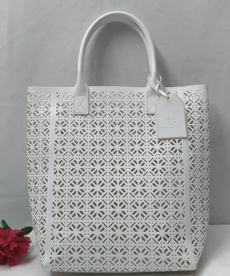 Tory Burch White Laser Cut Floral Double Handles Shopper Beach Tote Bag - Image 1 of 4