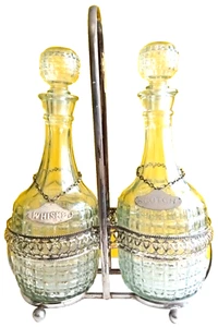 VTG English Pressed Glass Liquor Decanters Set w/Stoppers & Barware Holder Silve - Picture 1 of 8