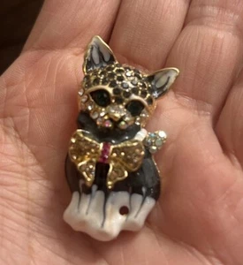 Katze Brosche Anstecknadel Strass grüne Augen Schleife grau weiß sehr süß! - Bild 1 von 5