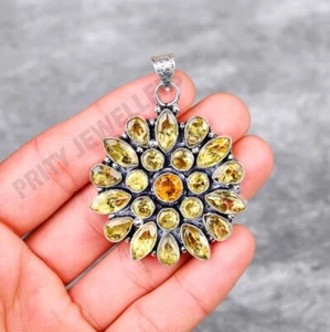 Yellow Citrine Flower Pendant 925 Sterling Silver Handmade Gemstone Jewelry - Picture 1 of 6