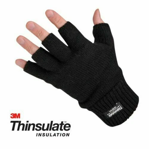 Gloves Thermal Thinsulate Fingerless Knitted Wooly 3m Black Mens Ladies
