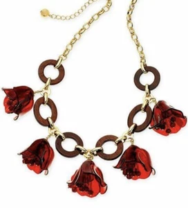 $148 kate spade Slice of Stone Floral Statement Necklace Red Gold Wood 182K - Picture 1 of 8