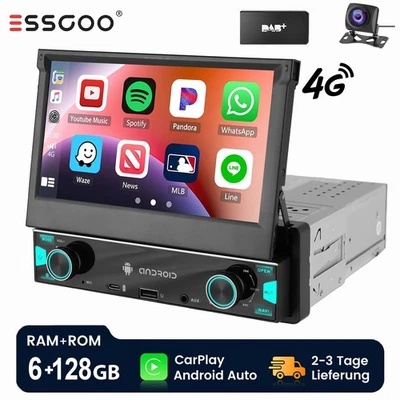DAB+ 6+128G 1 DIN 7 Zoll Flip Out Android 14 Carplay Autoradio GPS FM BT AUX KAM - Bild 1 von 4