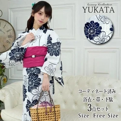 Japanese Yukata Kimono 3-piece set with a powerful and bold monochrome flowers - Image 1 of 4