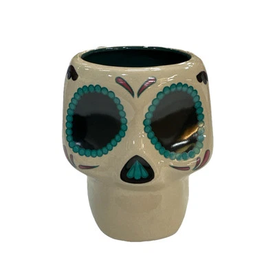 Skull Shaped Mug Ceramic Tequila Cazadores Brand Tan Teal Black 100% Agave - Image 1 of 2
