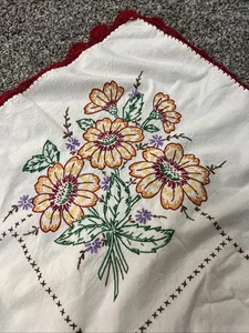 Hand Embroidered Floral Small Table Cloth With Red Trim, Pretty! - Picture 1 of 8