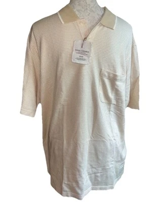 ¡NUEVO CON ETIQUETAS! Camisa Polo Cremieux 100% Algodón Beige Blanco Estampado a Cuadros $75 Hombres Talla Grande Foto 1 de 4