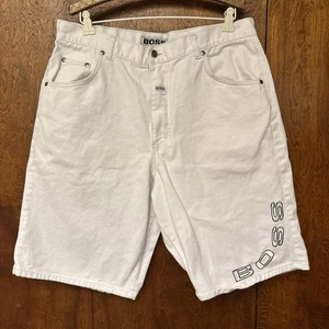Vintage 90s BOSS Embroidered White Denim Shorts Size 36” Jorts - Picture 1 of 6