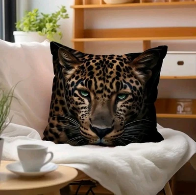 Unique Green Eyed Leopard Cheetah Print Cushion Cover 45x45cm Wild Cat Animal - Image 1 of 4