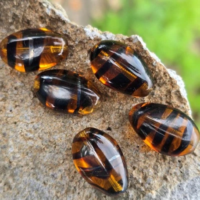 Set of  5 Old Vintage Glass Beads Porphyr Tortoise Style Amber & Black Lrg  22mm - Image 1 of 4