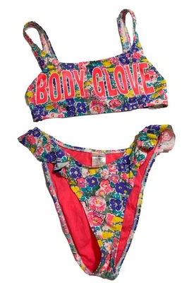 身体手套 90 年代时尚花卉巴西高臀荷叶边固定尺寸 S/XS 比基尼套装 — 第 1/4 张图片