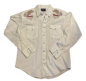 Vintage Sears Western Pearl Snap Shirt Medium White Coors Beer Embroidered 16.5 - Picture 1 of 6