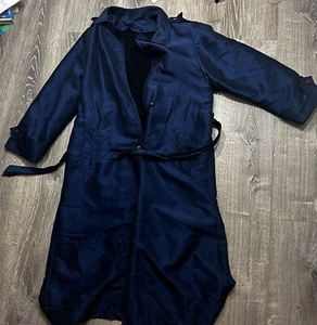 Vintage 80s Raincoat Men's Size Large Trench Long Coat Navy Blue Retro - Picture 1 of 8