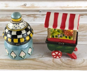 Two Trinket Boxes 1998 Nomoges Fruit Cart & Whimsical Checkered Top Rose Box 3" - Picture 1 of 24