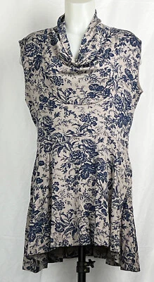 NUEVO SIN ETIQUETAS Vestido Camisa Túnica Effie'S Corazón Taupe y Azul Marino Floral Manga Capucha Cuello XL Foto 1 de 3