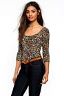 Leopard animal Bodysuit 3/4 sleeves double scoop neck cotton thong S M L