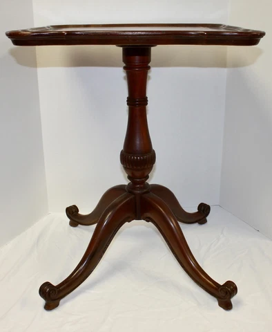 Vintage Leather Top Occasional Table. Cariole Scroll Legs. Gold Embossed Leather Cover